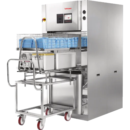 Large capacity laboratory autoclave with instrument loading trolley